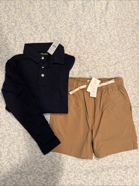 Boys Sz 6 Navy Long-Sleeve Polo & Khaki Drawstring Shorts Set
